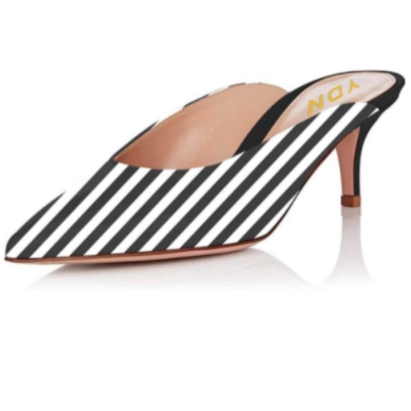 Shoes - A YDN Black Stripe Pointed Toe Low Heel Loafers Mules Slide Sandals